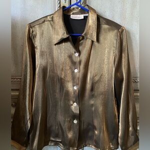 Bronze/gold long sleeve polyester blouse w/ 6 Mother-of-pearl buttons down front
